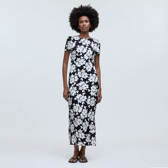 MADEWELL Maxi T-Shirt Dress in Floral Hammered Satin, Black/White, 6